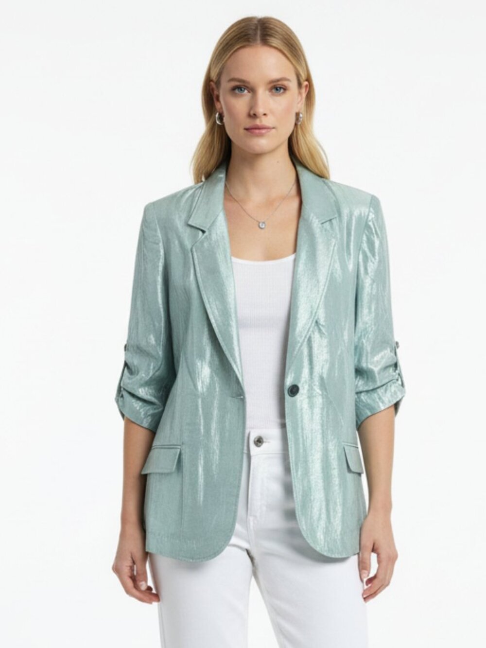 Karen Kane‎ Sage Green Shiny 1/2 Sleeve Button Front Blazer Jacket L
